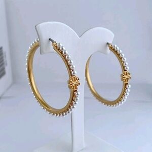 Tory Burch Gold Hoop Earrings with Pearl Trim and Logo Charm